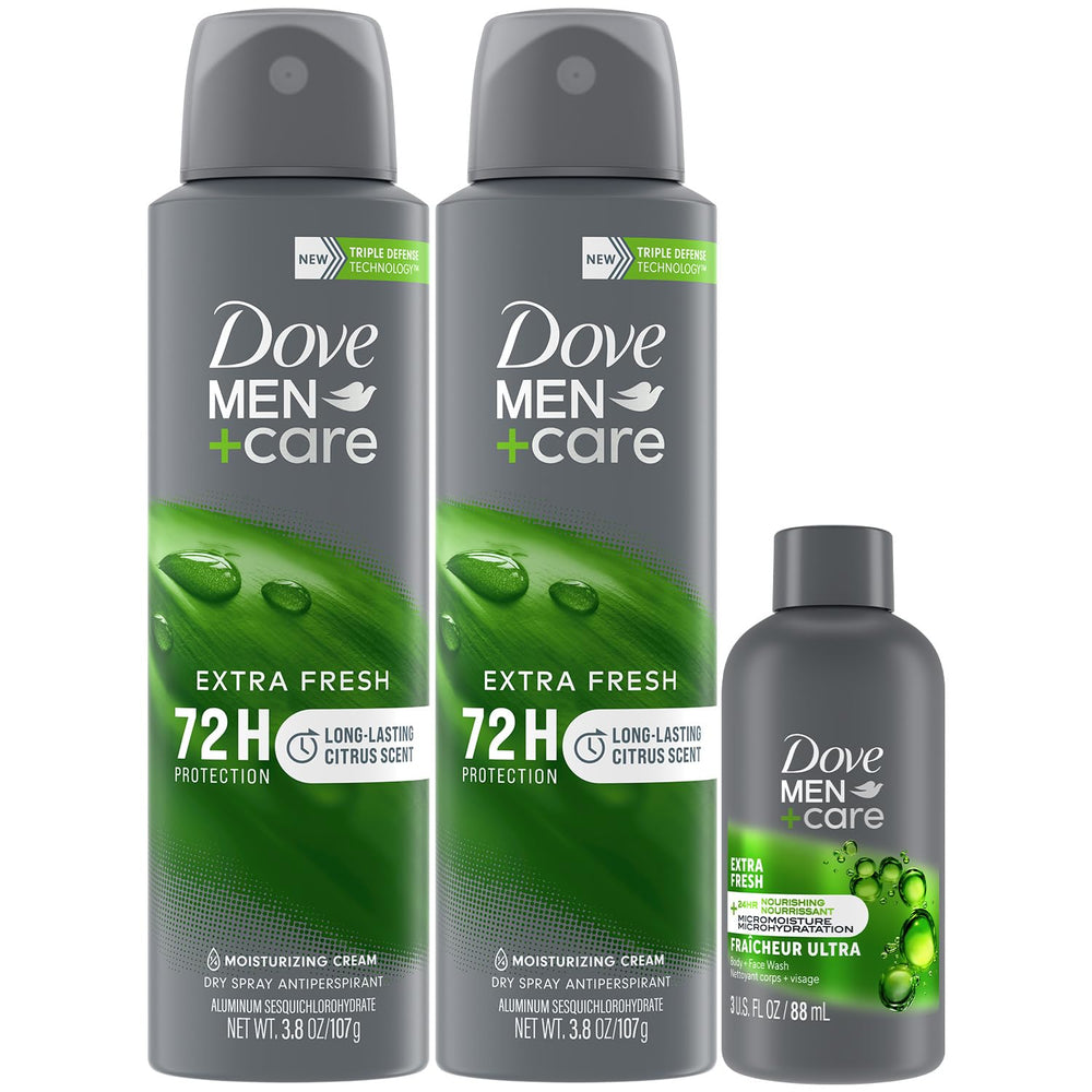 Dove Men+Care Dry Spray Antiperspirant, bouteille élégante, protection longue durée.