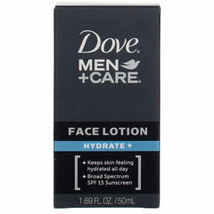 Lotion visage Dove Men+Care Hydrate Plus, absorption rapide sur peau sèche et résistante.