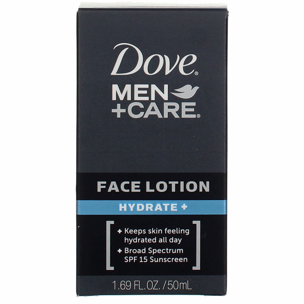 Lotion visage Dove Men+Care Hydrate Plus, bouteille-pompe, hydratation rapide et non grasse.