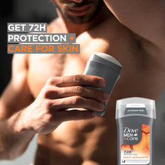 DOVE Men+Care Rustic Sandalwood deodorant label closeup highlights vegan formula