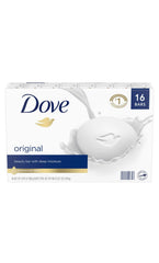 Savon Dove hydratant en paquet de 16 barres, hydratation quotidienne pour peau douce.