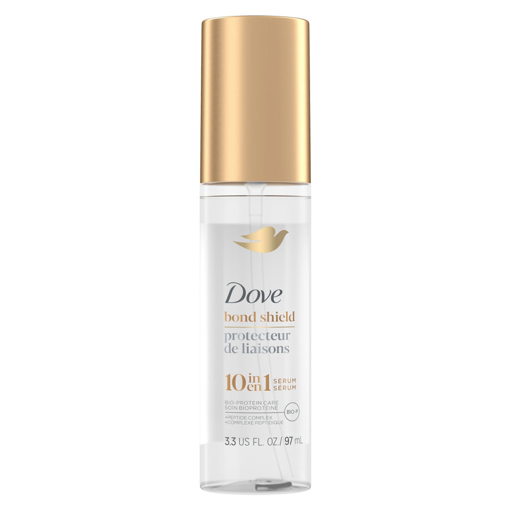 Sérum Bond Strength de Dove avec pompe, cheveux plus forts après usage.