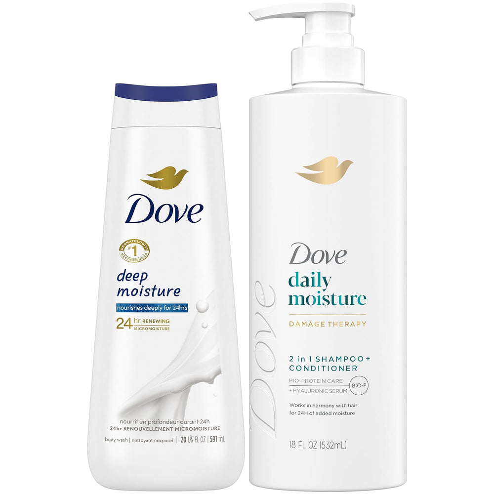 Shampoing et après-shampoing 2-en-1 Dove Daily Moisture, cheveux doux et démêlés facilités.