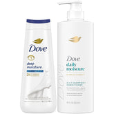 Shampoing et après-shampoing 2-en-1 Dove Daily Moisture, cheveux doux et démêlés facilités.
