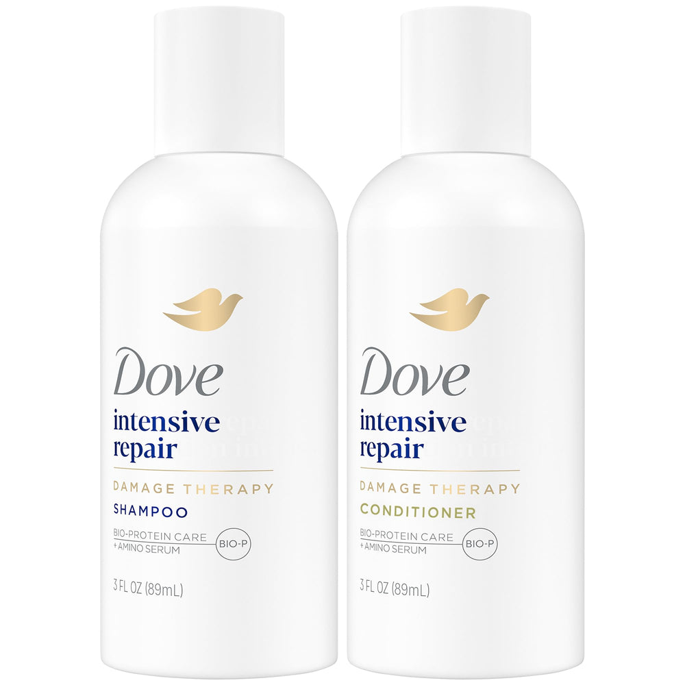 Shampoing Dove Travel en bouteille compacte, hydratation douce pour cheveux abîmés.