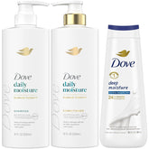 Shampooing quotidien hydratant Dove, bouteille prête à démêler les cheveux pour une douceur durable.