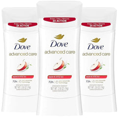 Dove Soin Avancé Déodorant en bâton, parfum pomme-thé-blanc délicat et hydratant.