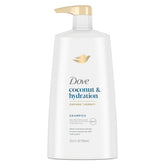 Dove Ultra Care Coconut & Hydration shampoo bottle for nourished, soft hair.