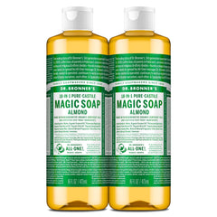 Dr. Bronner's Almond Castile montre la bouteille 473 ml, idéale pour un usage polyvalent.
