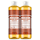 Savon Dr. Bronner’s Castile Eucalyptus, bouteille 2-pack, convient pour corps et vaisselle.