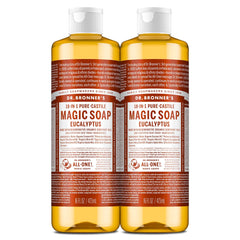 Savon Dr. Bronner’s Castile Eucalyptus, bouteille 2-pack, convient pour corps et vaisselle.