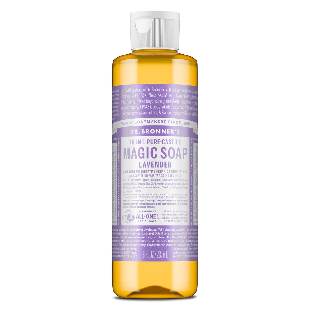Dr. Bronner’s Savon Lavande en bouteille 8 oz, usage polyvalent.