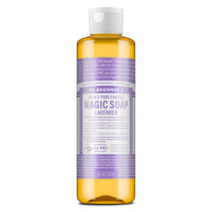 Dr. Bronner’s Savon Lavande en bouteille 8 oz, usage polyvalent.