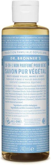Dr Bronner's Savon liquide bébé sans parfum, bouteille 473 ml, usage polyvalent.