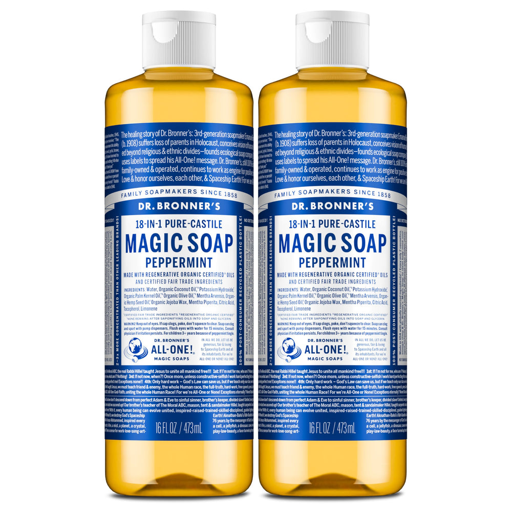Dr. Bronner’s Savon Menthe, deux bouteilles, pratique et polyvalent.