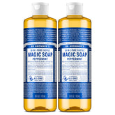 Dr. Bronner’s Savon Menthe, deux bouteilles, pratique et polyvalent.