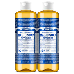 Dr. Bronner’s Savon Menthe, deux bouteilles, pratique et polyvalent.