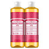 Dr. Bronner’s Savon Pur‑Castile Rose, bouteille 2-pack, usage polyvalent.