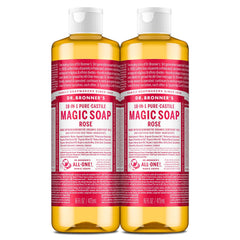 Dr. Bronner’s Savon Pur‑Castile Rose, bouteille 2-pack, usage polyvalent.