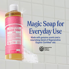 Dr. Bronner’s Savon Pur‑Castile Rose, mousse riche pour visage et corps.