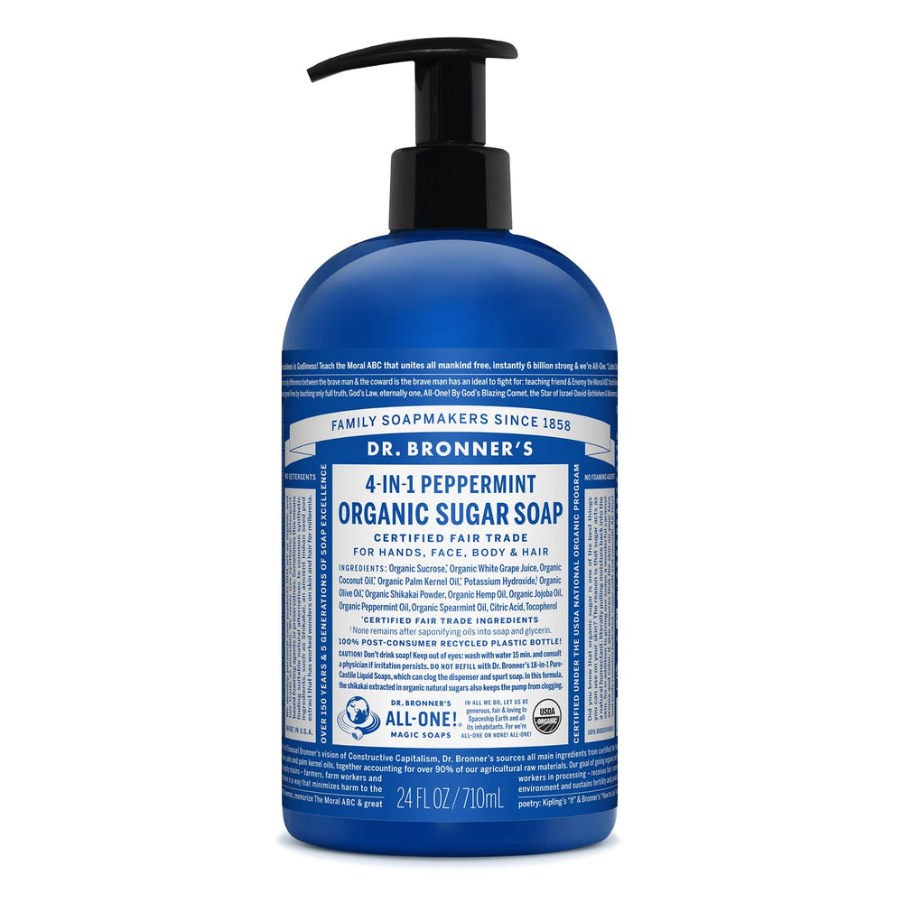 Dr. Bronner's Savon sucre bio menthe, bouteille 24oz, doux et rafraîchissant.