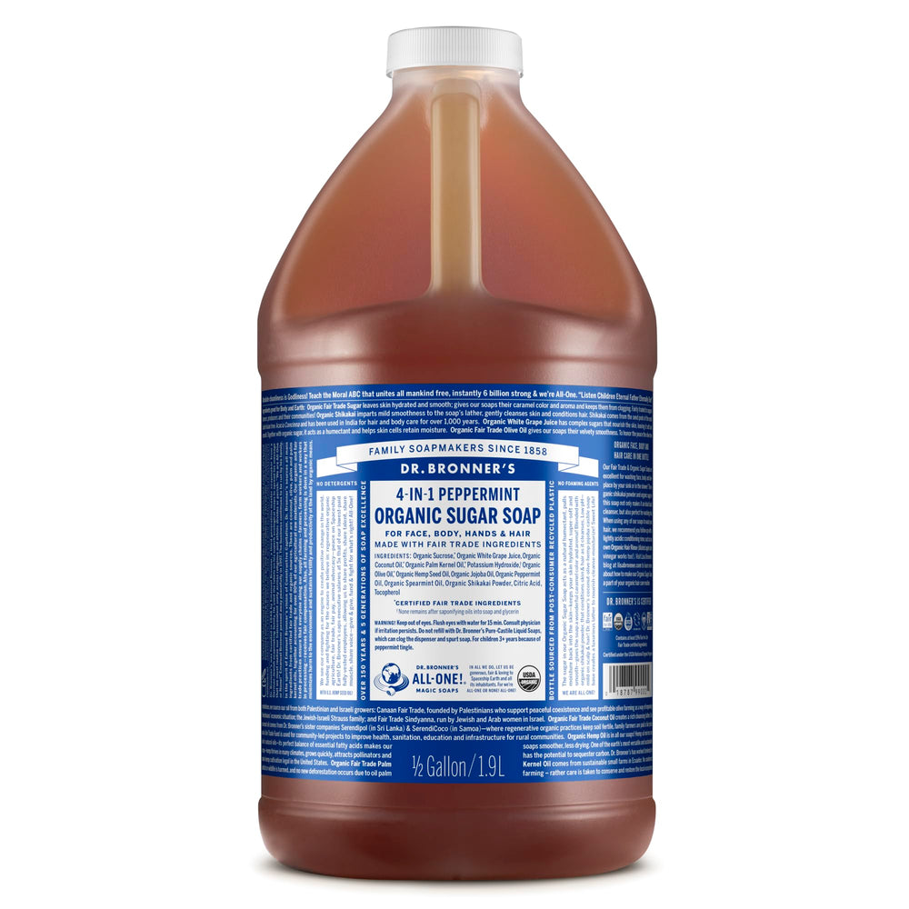 Dr. Bronner’s Savon au sucre biologique menthe — bouteille pratique pour la douche.