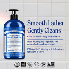 Savon Dr. Bronner’s menthe — mousse riche pour peau et cheveux.