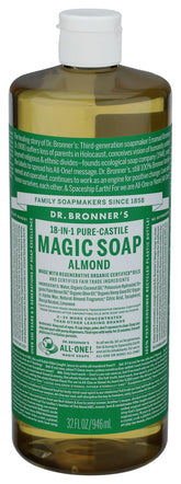Dr. Bronner's Almond Castile Soap bottle for multi purpose cleaning and body wash