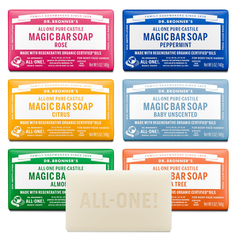 Dr. Bronner’s barre savon amande, mousse riche et soin quotidien.