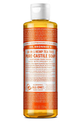 Dr. Bronner's Castile Tea Tree 8 oz bottle, versatile cleanser for skin and surfaces.