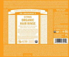 Étiquette certifiée bio et végane Dr. Bronner's, engagement éthique et traçabilité.