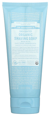 Dr. Bronner's gel de rasage doux sans parfum en tube, rasage en douceur.