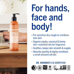 Dr. Bronner's Lotion Orange Lavande - texture crème riche et confortable pour peaux sensibles.