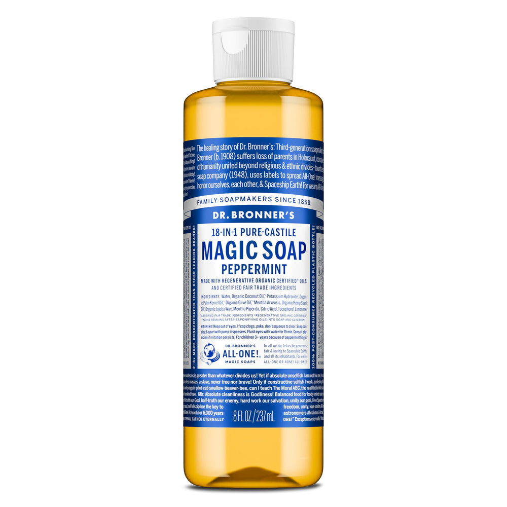 Dr. Bronner's Pure-Castile Menthe — bouteille claire avec étiquette bio.