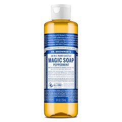 Dr. Bronner's Pure-Castile Menthe — bouteille claire avec étiquette bio.