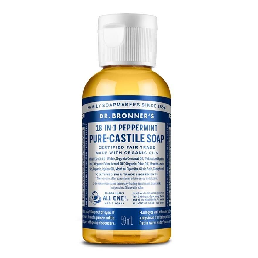 Savon liquide Dr. Bronner's Pure-Castile menthe-poivrée, flacon polyvalent pour visage et corps.