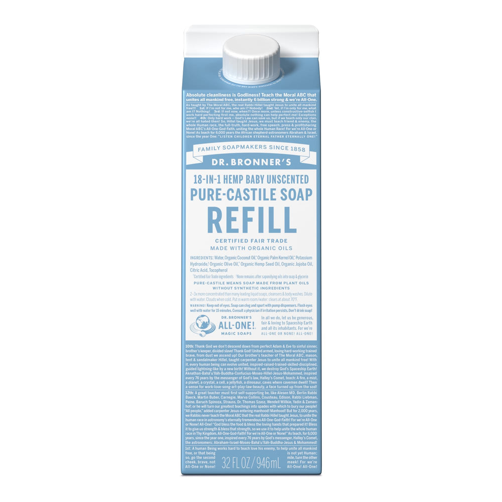 Dr. Bronner's Pure-Castile soap refill bottle, 32oz, baby unscented, versatile cleaning.