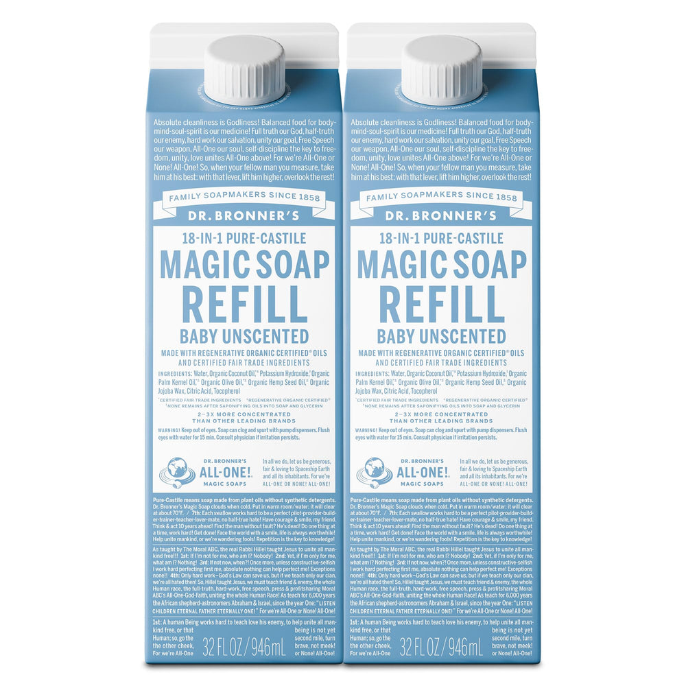 Savon Dr. Bronner’s Recharge pur-castile bébé 32oz 2-pack, polyvalent pour peau et linge