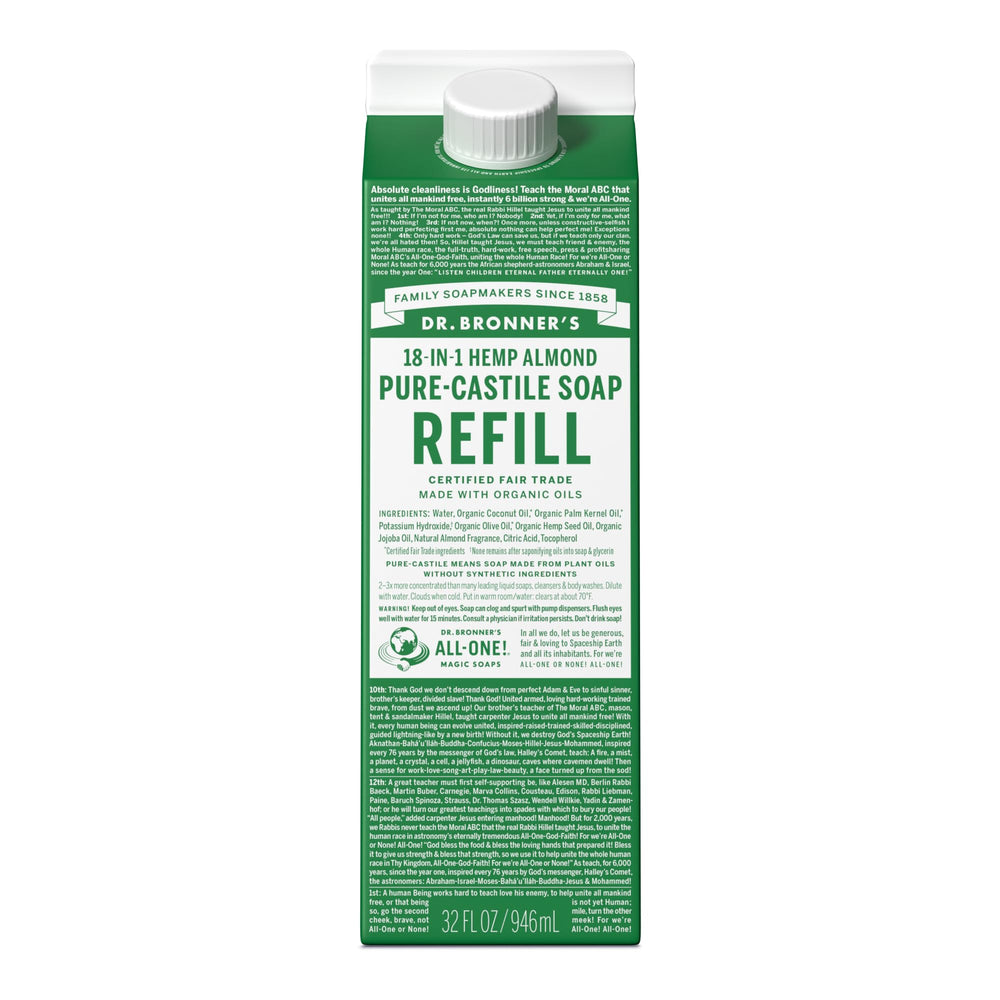 Recharge à l'amande Dr. Bronner's dans carton écologique, réduit les déchets plastiques.