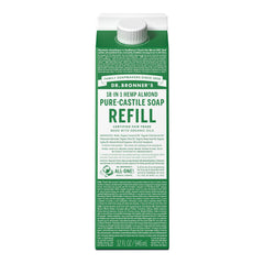Recharge à l'amande Dr. Bronner's dans carton écologique, réduit les déchets plastiques.
