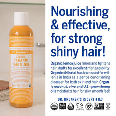 Dr. Bronner's rinçage capillaire bio Citrus Orange, ingrédients naturels et nourrissants.