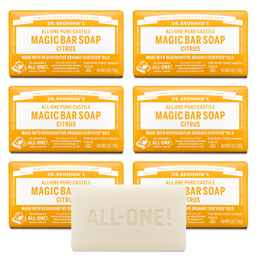 Dr. Bronner's savon-barre citronné, mousse riche et douceur peau et cheveux.