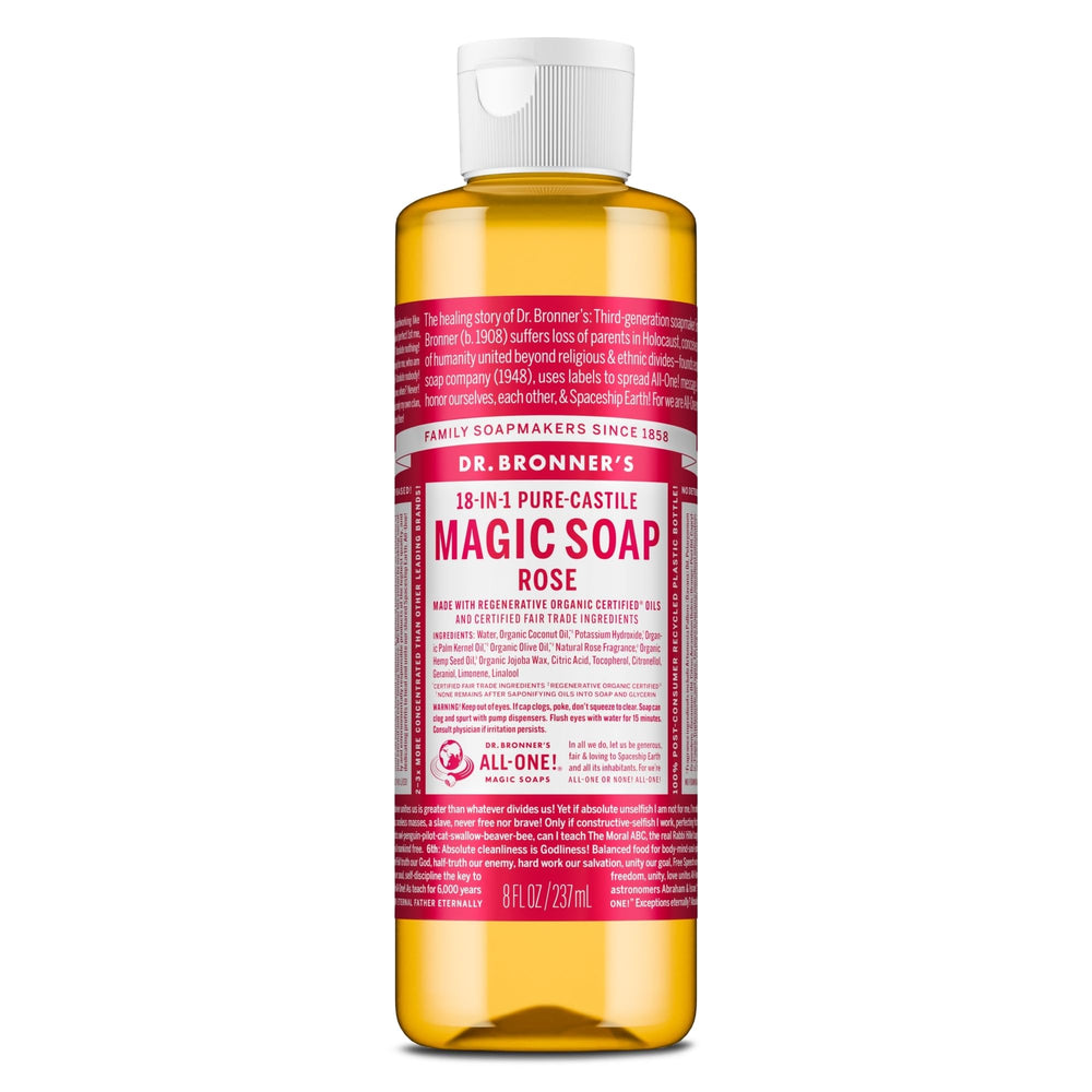 Dr. Bronner's Savon Castile Rose, bouteille, nettoie la peau et convient au visage et au corps