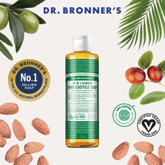 Dr. Bronner's Savon Liquide Amande - gros plan ingrédients bio, formulation vegan et non-GMO