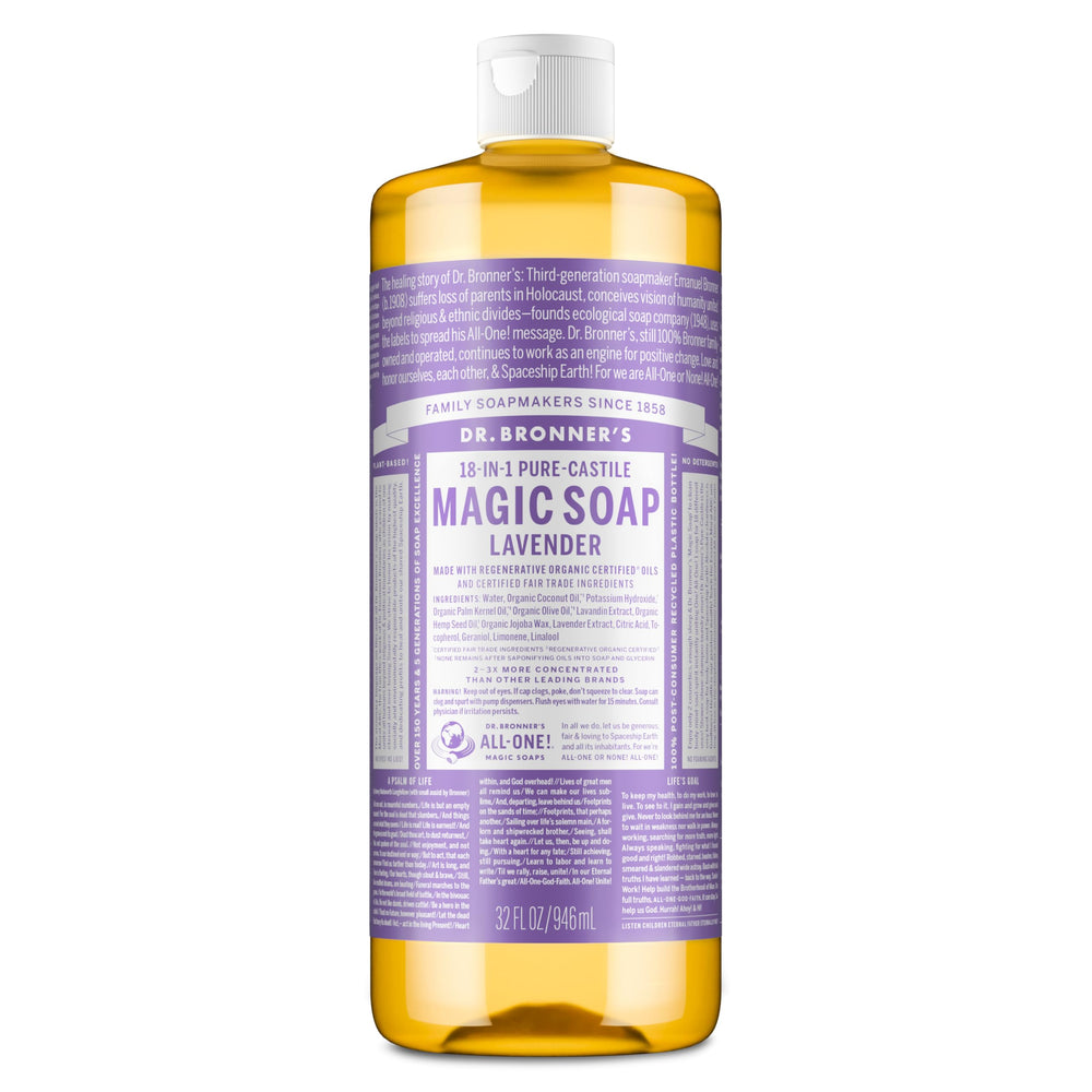 Savon Liquide Castile Lavande Dr. Bronner's en bouteille, polyvalent pour peau et tâches ménagères.