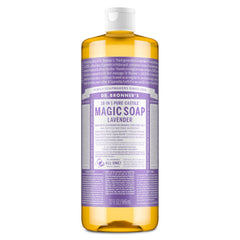 Savon Liquide Castile Lavande Dr. Bronner's en bouteille, polyvalent pour peau et tâches ménagères.
