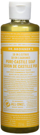 Dr. Bronner's Savon Castile orange en bouteille, polyvalent pour corps et ménage.