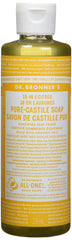Dr. Bronner's Savon Castile orange en bouteille, polyvalent pour corps et ménage.