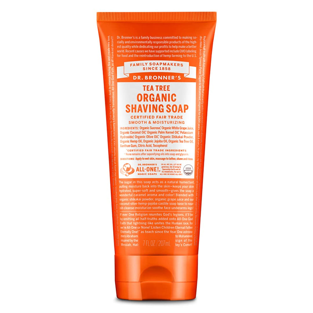 Savon de rasage Tea Tree Dr. Bronner's en flacon, douceur et hydratation.