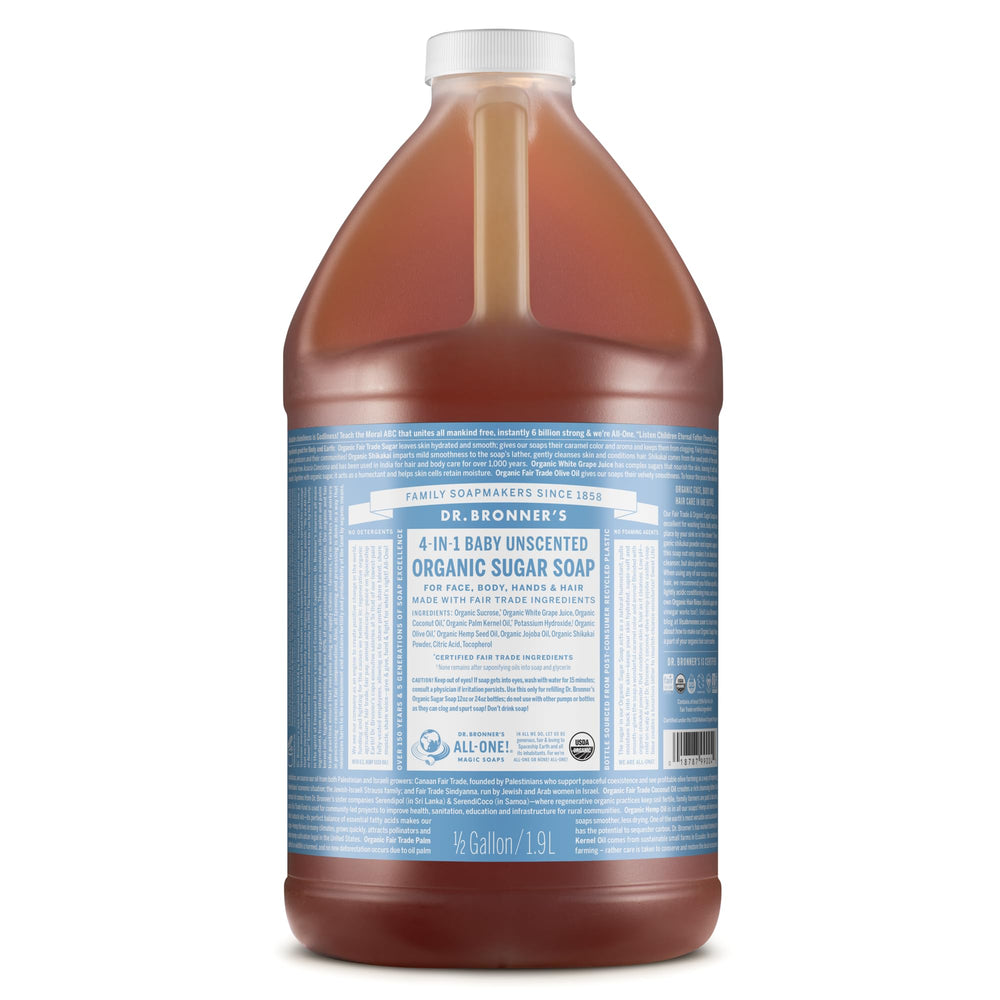 Dr. Bronner’s Savon sucre bébé non parfumé dans sa bouteille pratique.